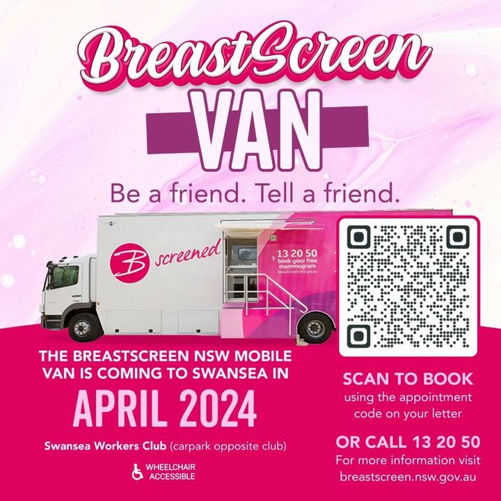 Featured image for “The NSW Government BreastScreen Van is currently at Swansea Workers Club until 24 May 2024!”