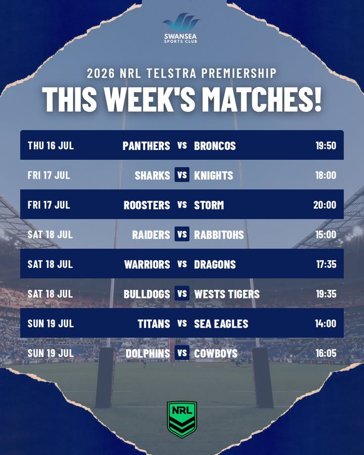 Featured image for “2026 NRL Telstra Premiership This Week’s Matches at Swansea Workers”