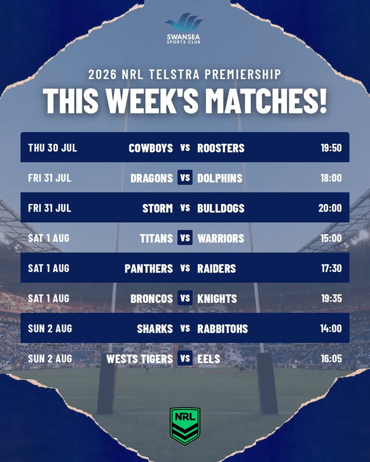 Featured image for “2026 NRL Telstra Premiership This Week’s Matches at Swansea Workers”