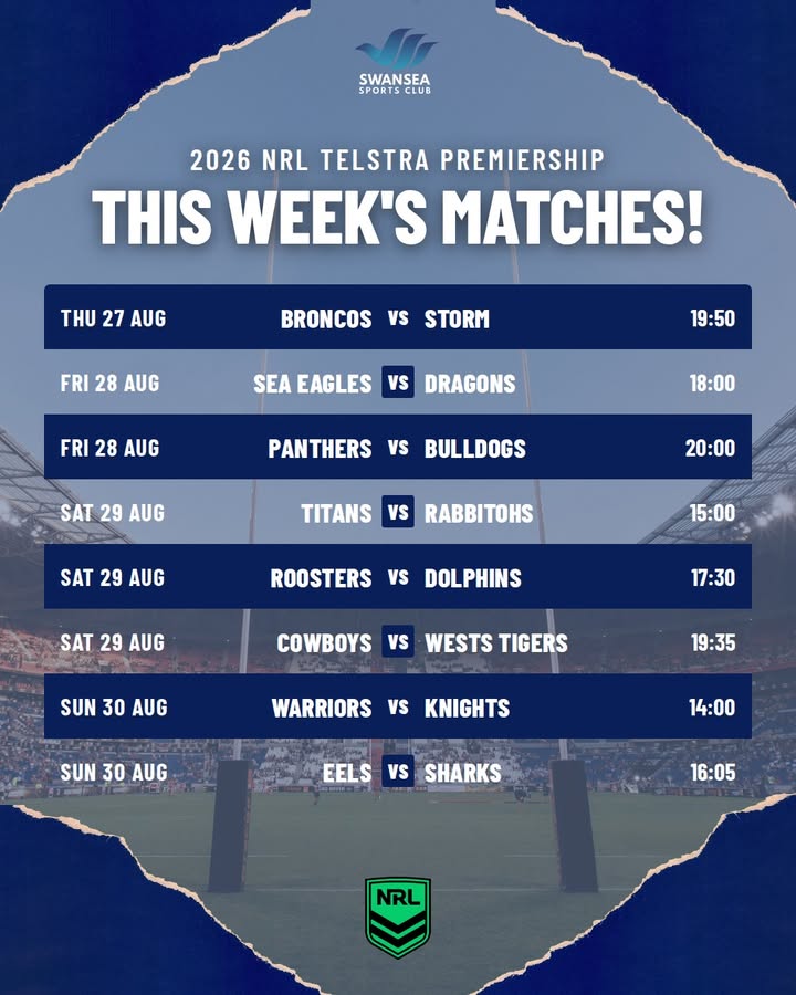 Featured image for “This Week’s NRL Matches Live at Swansea Workers”