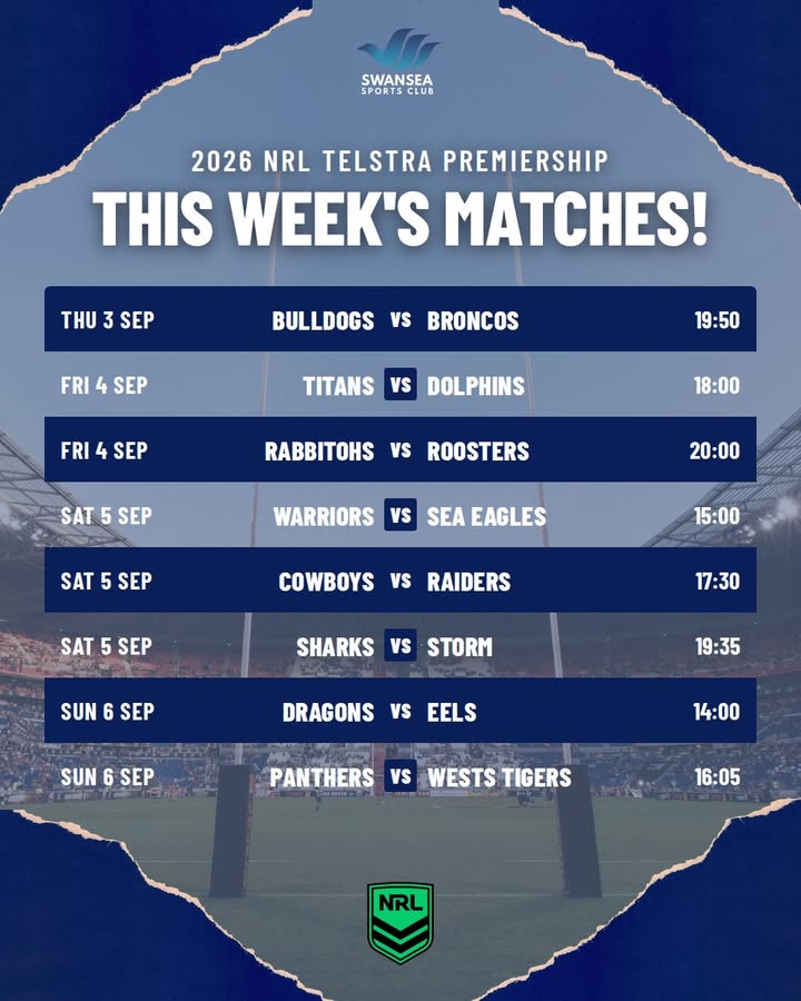 Featured image for “This Week’s NRL Matches Showing at Swansea Workers”
